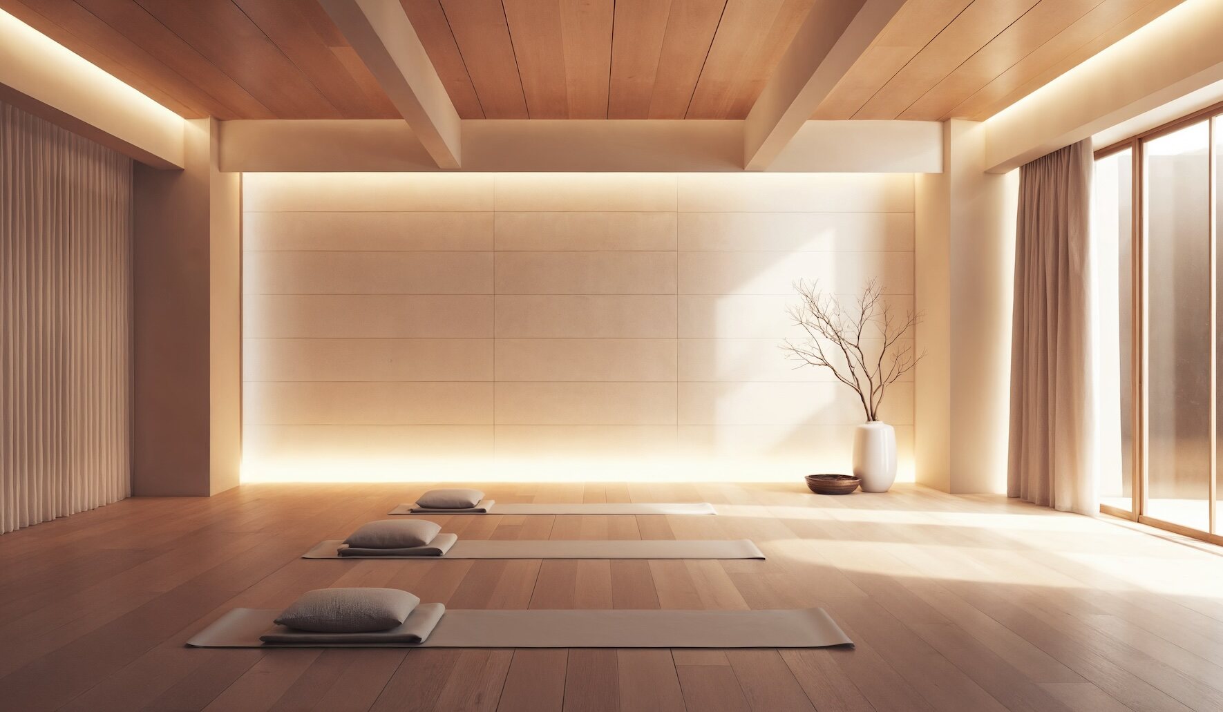 Sala luminosa con colchonetas de yoga, piso de madera y grandes ventanales.