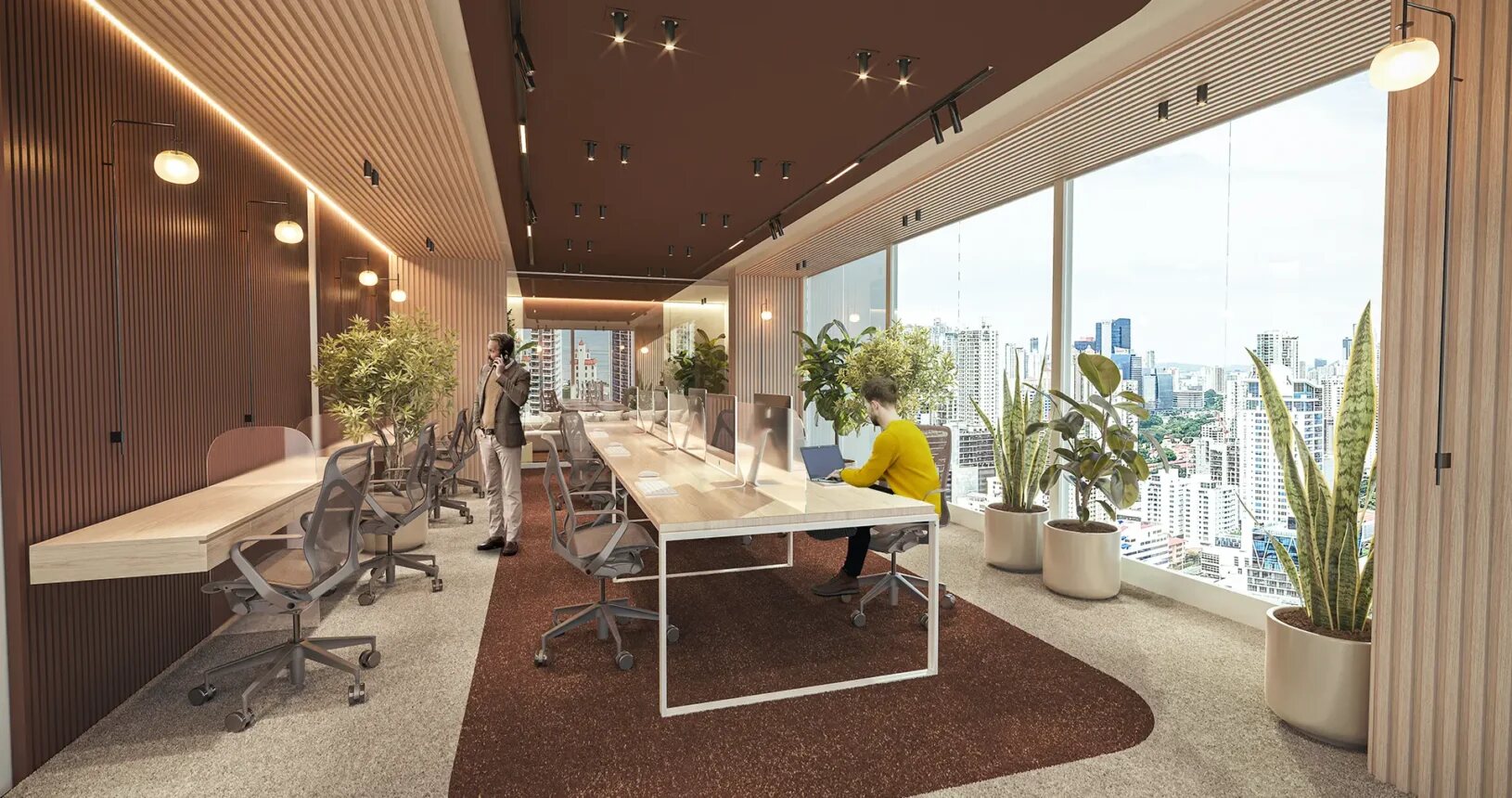 Área de coworking moderna con escritorios, sillas, plantas y vista a la ciudad.