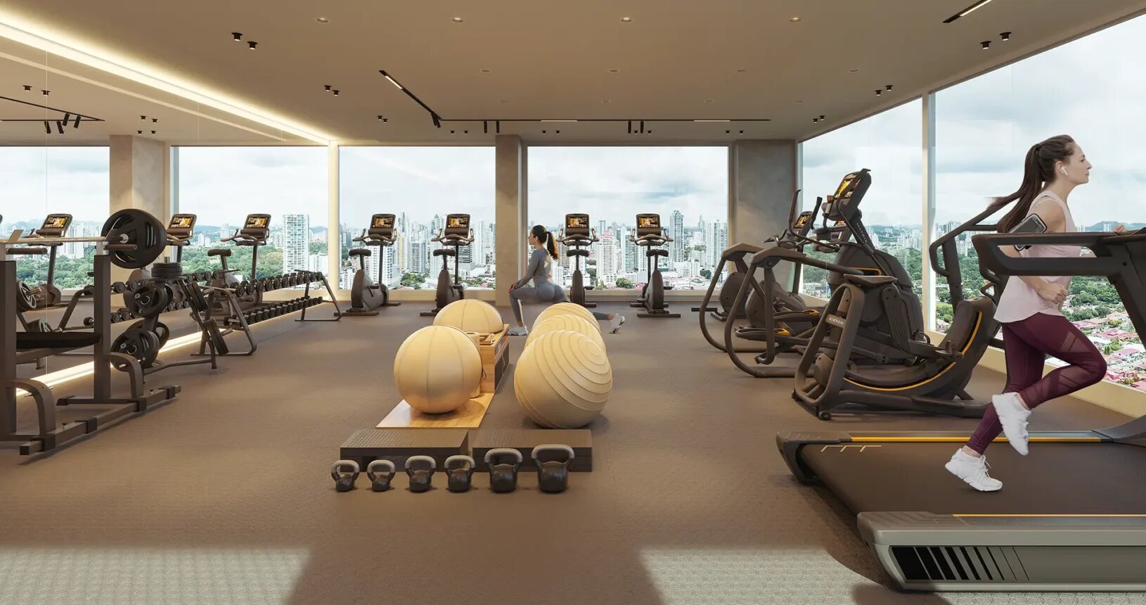 Gimnasio interior con caminadoras, bicicletas y vista panorámica de la ciudad.