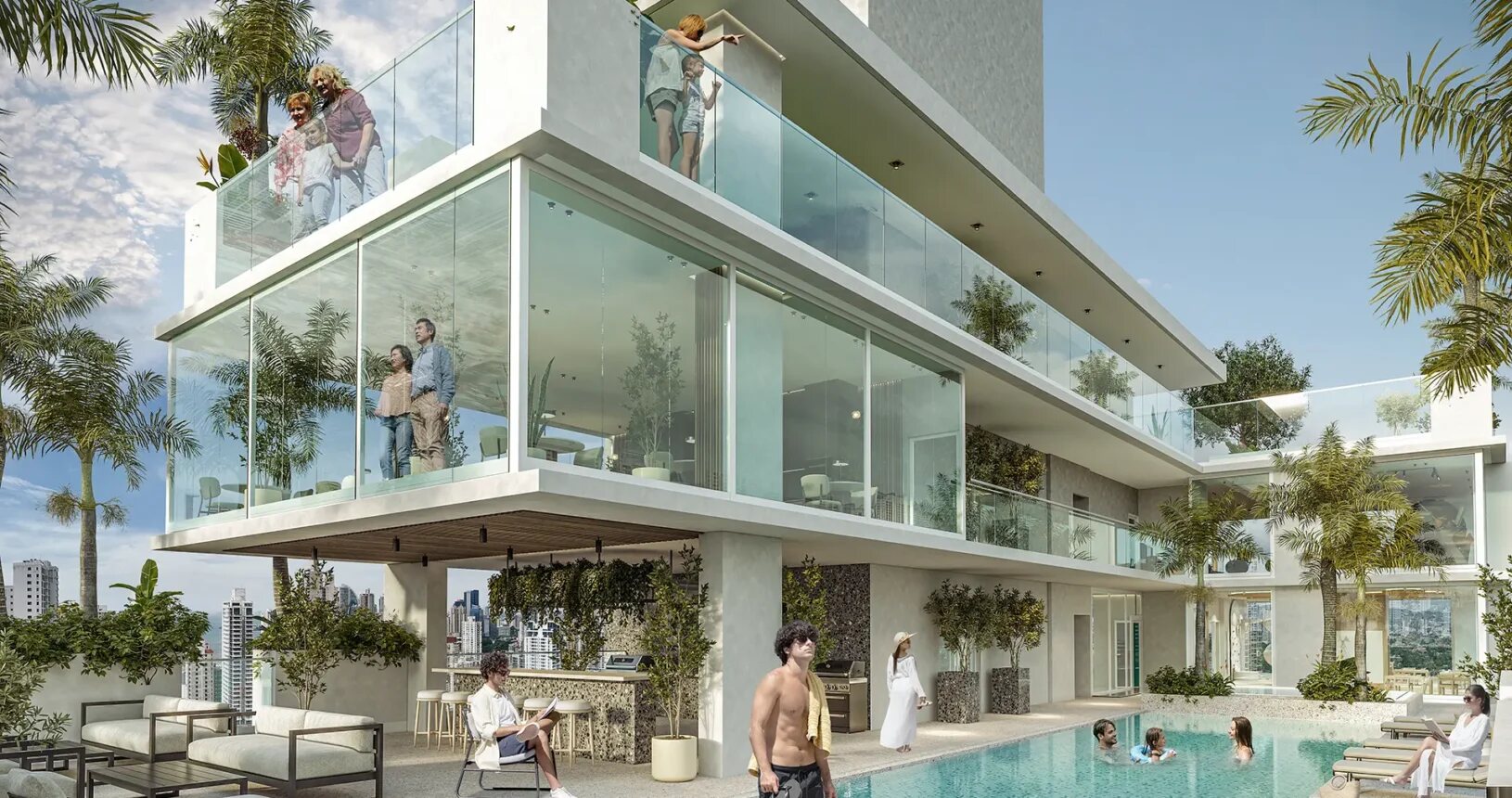 Piscina y terraza exterior de un edificio moderno con balcones de vidrio.