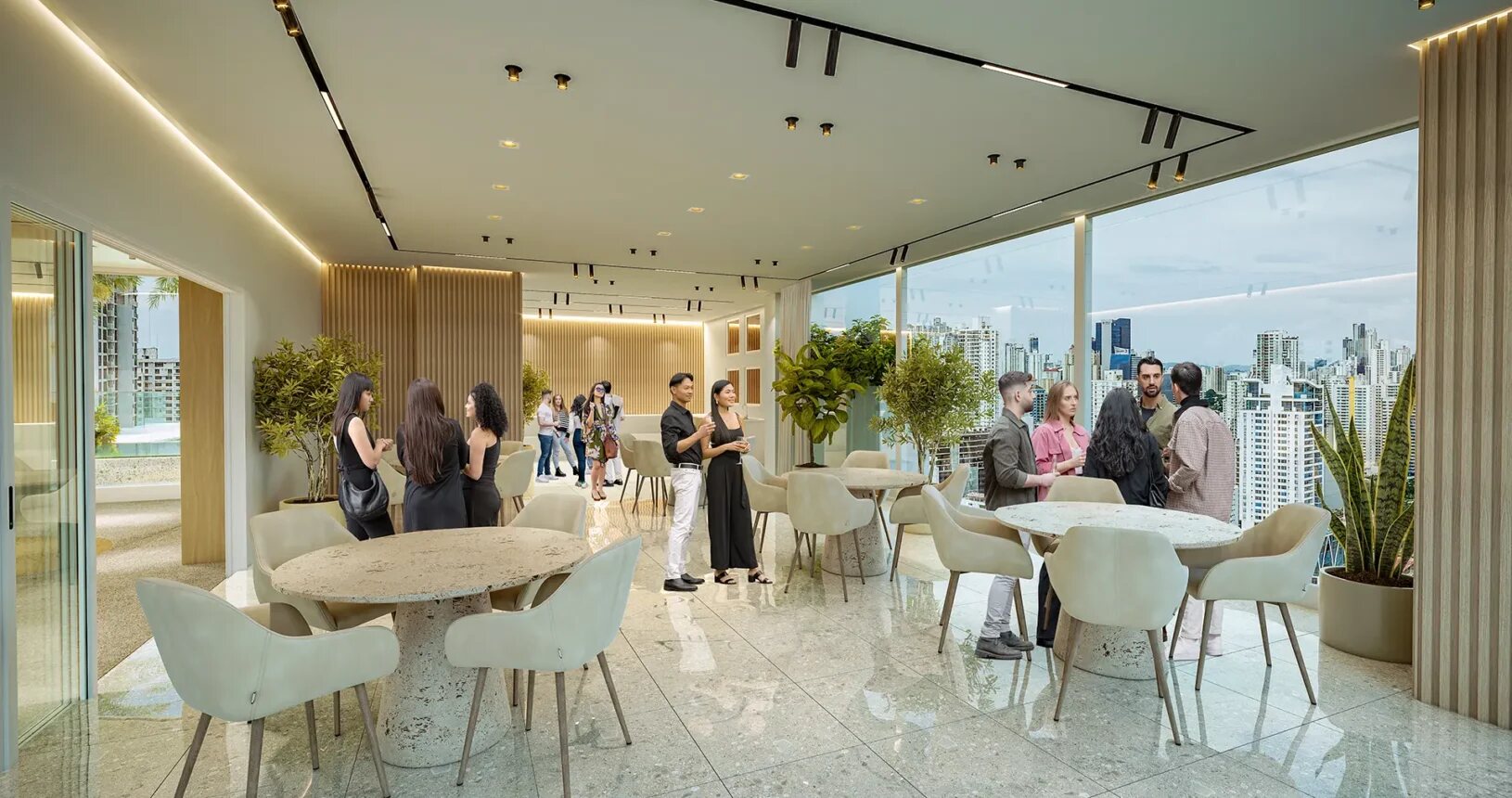 Salón de fiestas moderno de Asis con mesas, sillas y vista a la ciudad.
