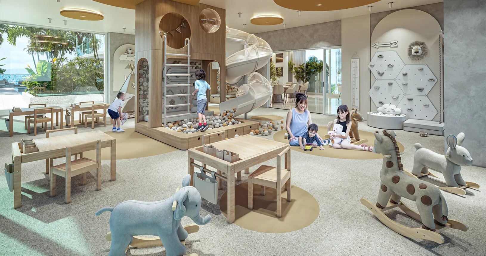 Sala de juegos infantil con resbaladilla, mesas pequeñas y juguetes.