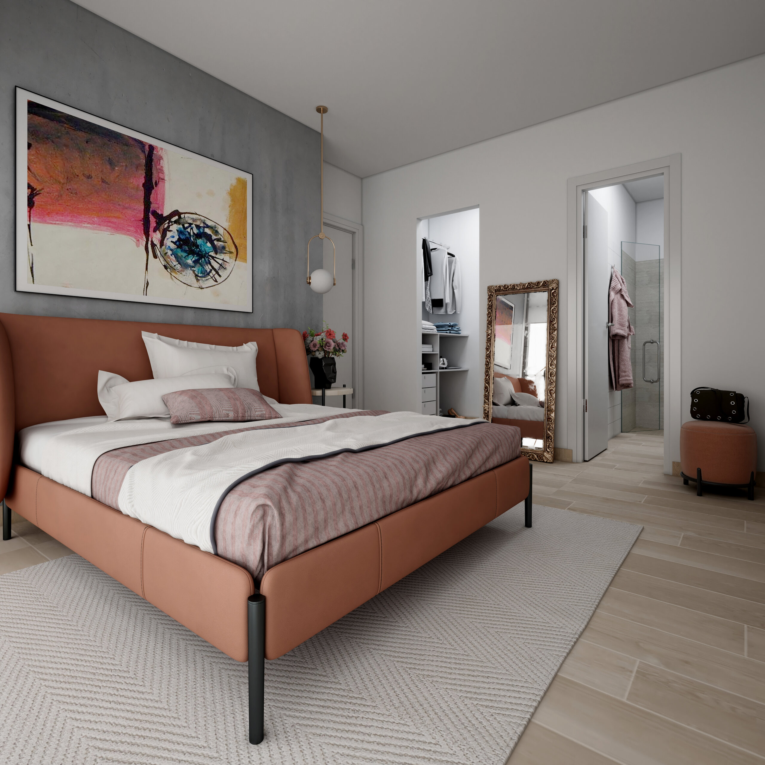 Recámara moderna con cama tapizada, espejo de cuerpo entero y baño visible.