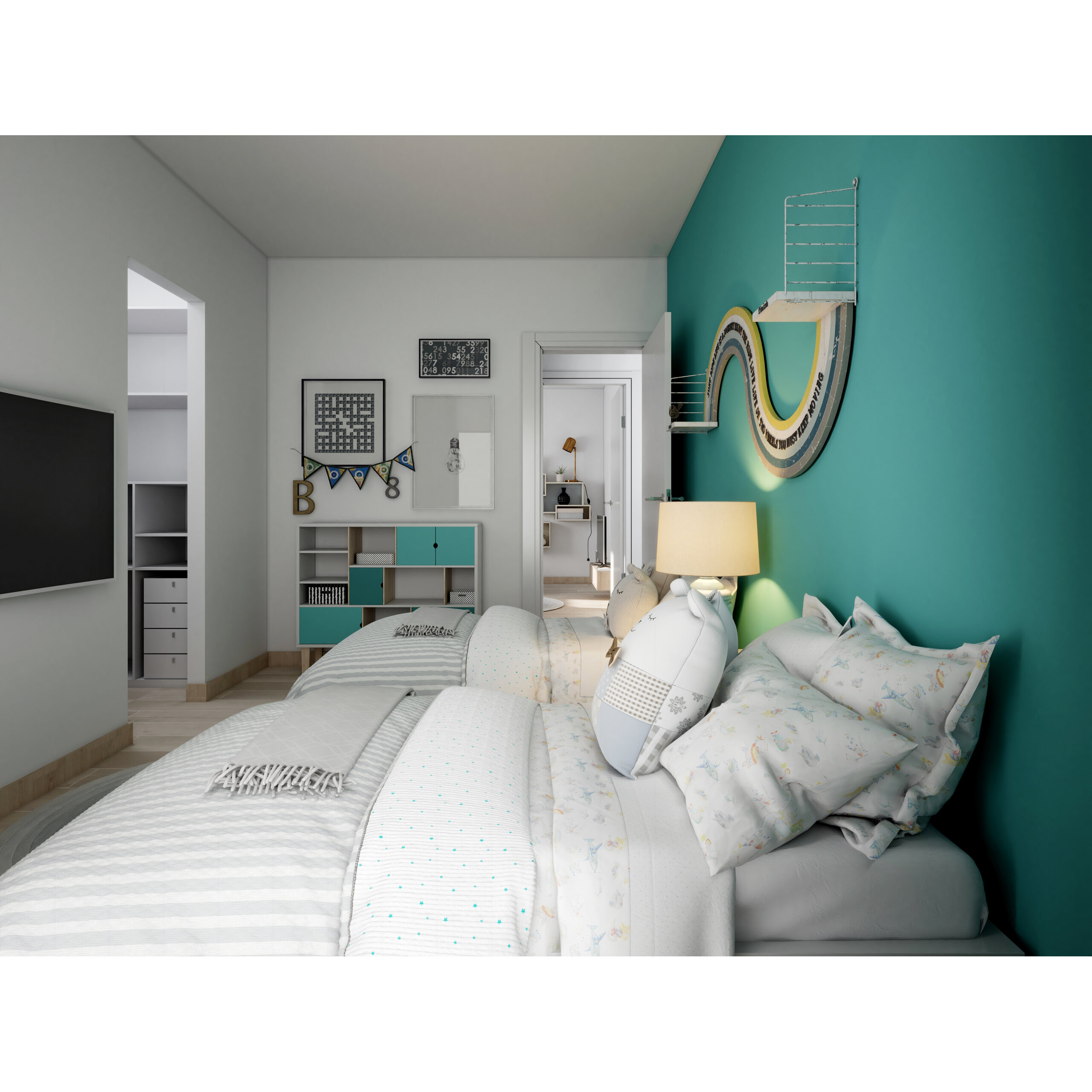 Recámara infantil con cama individual, pared turquesa y decoración colorida.