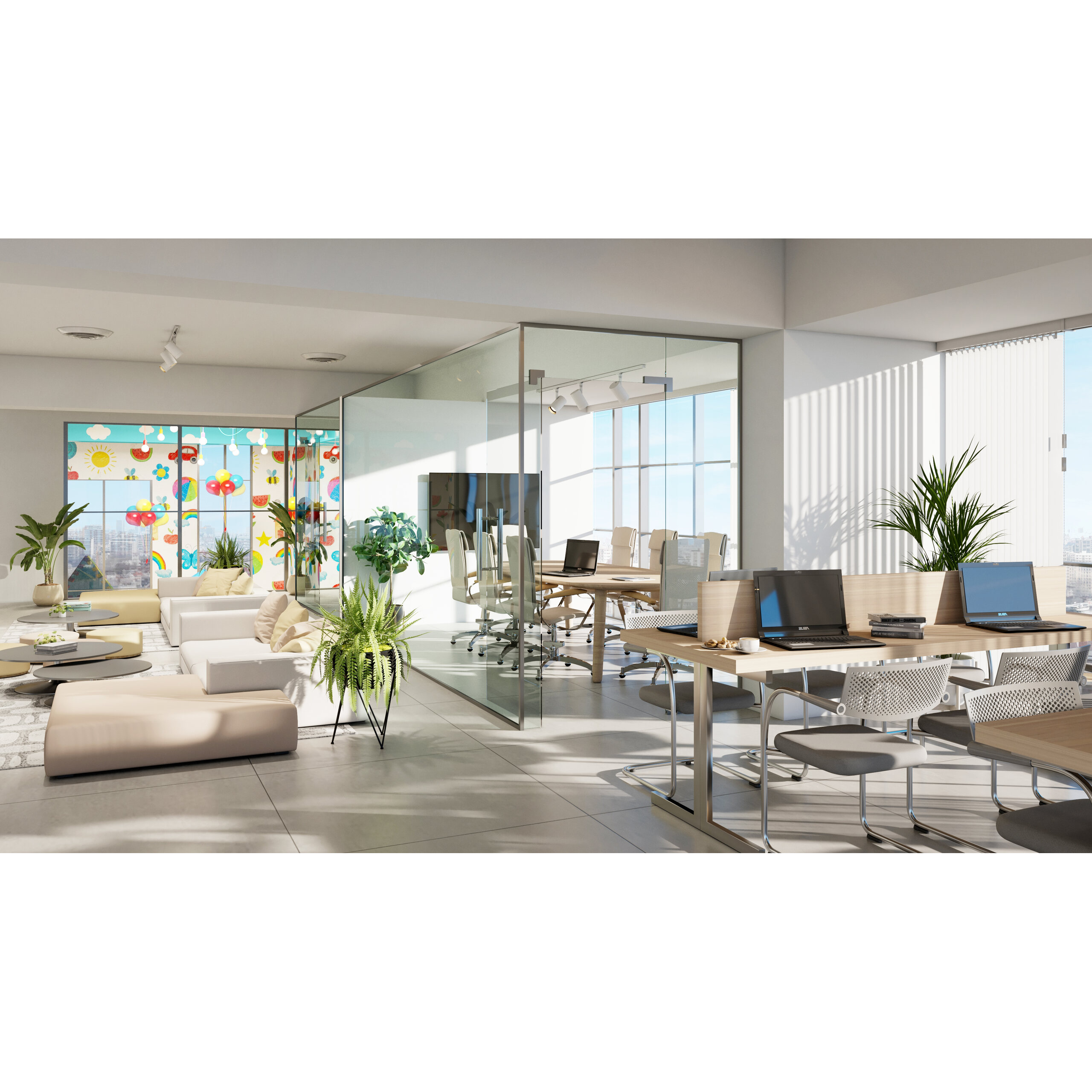 Área social tipo coworking con mesas, sillas, sofás y salas de vidrio.